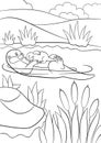 Coloring pages. Mother otter swims with her little cute baby in the river Royalty Free Stock Photo