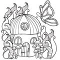 Coloring pages mushroom house with a butterfly in the fores