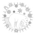 Coloring pages. A polar bear stands in the snow. A winter postcard.