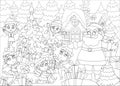 Coloring Pages. Santa Claus with elves outside near the Christmas tree. Winter landscape near Santa\'s snowy house.