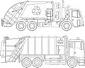 Coloring pages. Set of different kind garbage trucks flat linear icons isolated on white background. Vector illustration