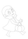 Coloring Pages. A small cute child dressed as a vampire or Count Dracula walks merrily with a candy pumpkin basket.