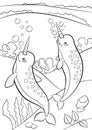 Coloring pages. Two little cute narwhals swim underwater. Royalty Free Stock Photo