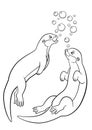 Coloring pages. Two little cute otters swim