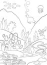 Coloring Pages. Underwater landscape. At the bottom there are stones and various algae grow. Fish and other marine animals swim in