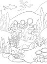 Coloring Pages. Underwater landscape. At the bottom there are stones and various algae grow. Fish and other marine animals swim in