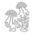 Coloring pages, Underwater. Vector hand drawn doodles animals. Jellyfish and underwater plants