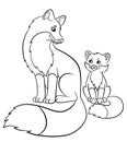 Coloring pages. Wild animals. Mother fox with her little cute baby. Royalty Free Stock Photo