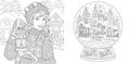 Coloring pages with winter girl and magic snow ball Royalty Free Stock Photo