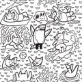 Coloring pattern with cute Tasmanian devil characters in the water