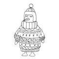 Coloring penguin without color in winter christmas pullover and cap.