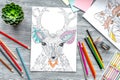 Coloring Picture For Adults On Wooden Background Top View