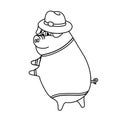 Coloring of Pig Standing Wearing a Hat and Smiling Cartoon, Cute Funny Character, Flat Design