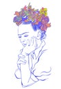 Coloring portrait of sad Frida Kahlo Royalty Free Stock Photo