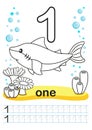 Coloring printable worksheet for kindergarten and preschool. We train to write numbers. Math exercises. Bright figures on a marine