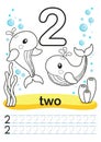 Coloring printable worksheet for kindergarten and preschool. We train to write numbers. Math exercises. Bright figures on a marine