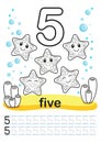 Coloring printable worksheet for kindergarten and preschool. We train to write numbers. Math exercises. Bright figures on a marine