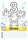 Coloring printable worksheet for kindergarten and preschool. We train to write numbers. Math exercises. Bright figures on a marine