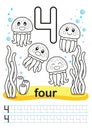 Coloring printable worksheet for kindergarten and preschool. We train to write numbers. Math exercises. Bright figures on a marine