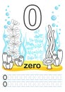 Coloring printable worksheet for kindergarten and preschool. We train to write numbers. Math exercises. Bright figures on a marine