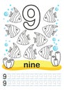 Coloring printable worksheet for kindergarten and preschool. We train to write numbers. Math exercises. Bright figures on a marine