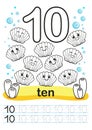 Coloring printable worksheet for kindergarten and preschool. We train to write numbers. Math exercises. Bright figures on a marine