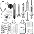 Coloring set Medical stethoscope, thermometer, syringe, pill. vector illustration Royalty Free Stock Photo