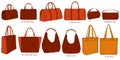Coloring set of stylish bags. Bowling, hobo, trapezoid, duffle, barrel, tote.