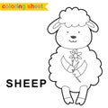 Cute farm animal easy coloring page for kids. Cute and funny sheep holding flower cartoon character. Royalty Free Stock Photo