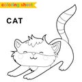 Cute farm animal easy coloring page for kids. Cute and funny orange cat stretching its body cartoon character. Royalty Free Stock Photo