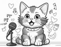 Coloring Sheet Of A Kitten Singing In Front Of A Microphone Royalty Free Stock Photo