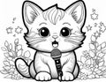 Coloring Sheet Of A Kitten Singing In Front Of A Microphone Royalty Free Stock Photo