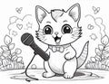 Coloring Sheet Of A Kitten Singing In Front Of A Microphone Royalty Free Stock Photo