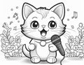 Coloring Sheet Of A Kitten Singing In Front Of A Microphone Royalty Free Stock Photo