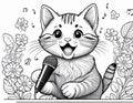 Coloring Sheet Of A Kitten Singing In Front Of A Microphone Royalty Free Stock Photo