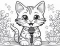 Coloring Sheet Of A Kitten Singing In Front Of A Microphone Royalty Free Stock Photo