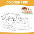 Coloring page outline of a cute little girl laying on the beach mat for sunbathing during the summertime. Royalty Free Stock Photo