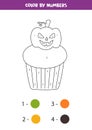 Coloring spooky Halloween cupcake by numbers. Math game. Royalty Free Stock Photo