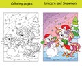 Coloring with template cute unicorn with a snowman