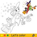 Coloring with template Halloween witch flying on a broomstick Royalty Free Stock Photo