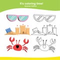 Coloring summer items worksheet page. . This worksheet is helping kids improve fine motor skills and train the brain to focus. Edu
