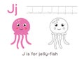 Coloring and tracing page with letter J and cute cartoon jelly fish.