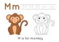 Coloring and tracing page with letter M and cute cartoon monkey. Royalty Free Stock Photo