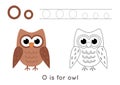 Coloring and tracing page with letter O and cute cartoon owl. Royalty Free Stock Photo