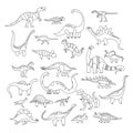 Coloring with various dino characters set.Game for kids.Cute hand drawn dinosaurs.Sketch Jurassic,Mesozoic reptiles.