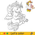 Coloring vector cute little unicorn eating a doughnut