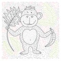 Coloring vector page with cartoon doodle animal. Outline playful card with a monkey.