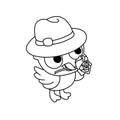 Coloring Yellow Bird Wearing a Hat And Carrying Flowers in its Beak Cartoon, Cute Funny Character, Flat Design
