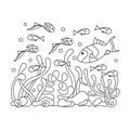 Colorings. Sea floor, underwater world. Doodle of marine Fish and plants isolated on a white background. Vector Hand Royalty Free Stock Photo