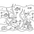 Colorings. Underwater inhabitants and algae, coloring book. Fish and plants. Doodle of marine animals and plants isolated on a Royalty Free Stock Photo